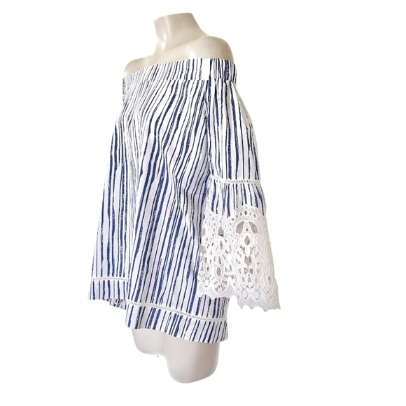 Kobi Halperin Off The Shoulder A-line Striped white lace Trim - Picture 2 of 5